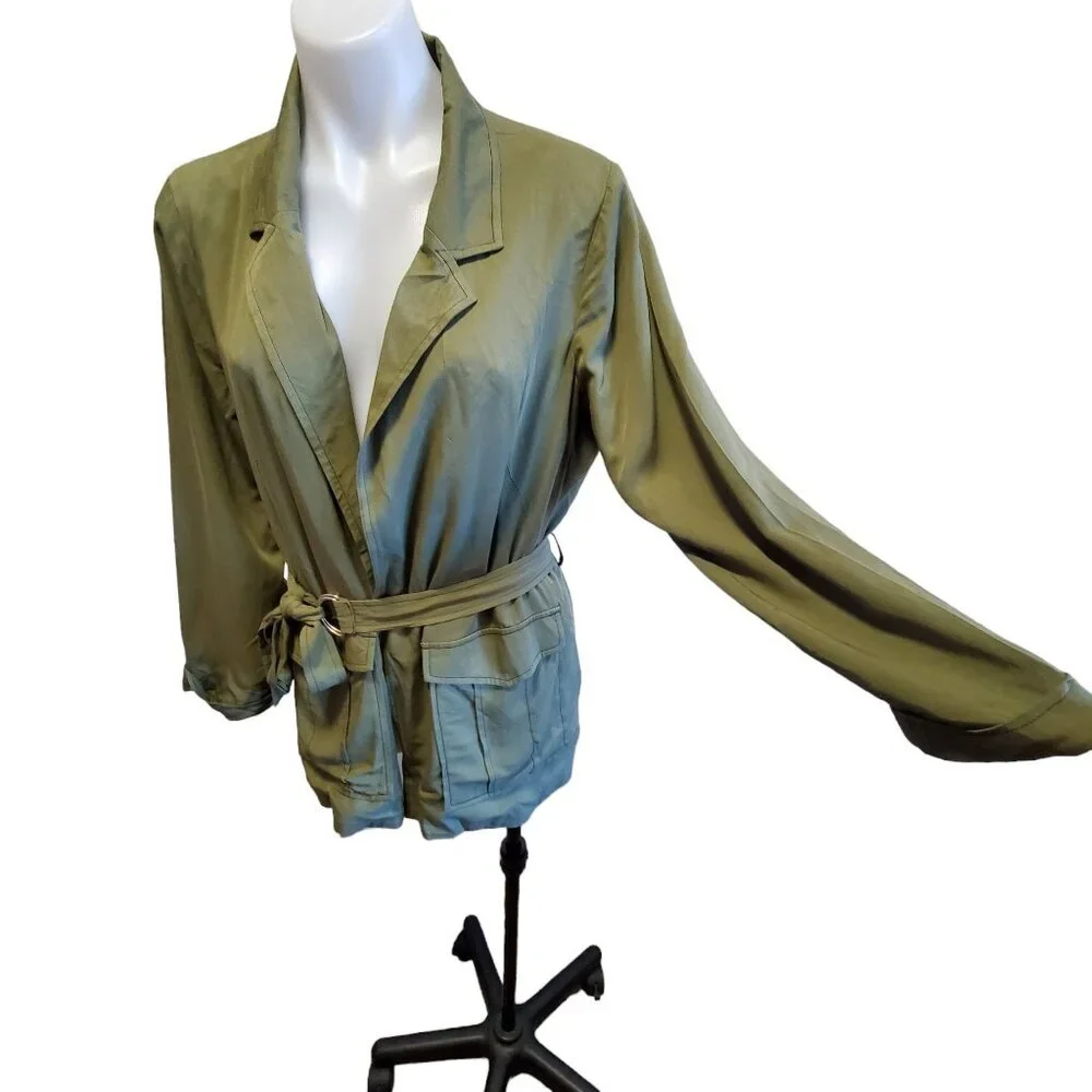 Daniel Rainn Olive Green Jacket With Belt Cargo Pockets Womens Small NWOT - Picture 3 of 11